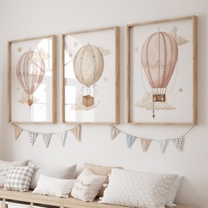 Arte de pared para habitación infantil con globos aerostáticos, juego de 3 impresiones de globos aerostáticos, decoración para habitación infantil de niña, decoración para habitación infantil, habitación infantil con temática de aventuras