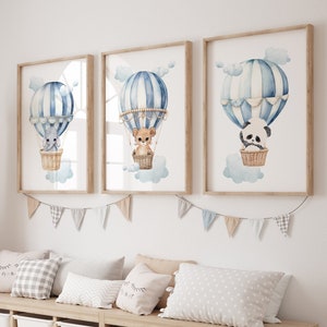Hot Air Balloon Nursery Wall Art, set of 3, Safari Nursery, Baby Boy Nursery Decor, Adventure theme Nursery, Safari Animal Print.
