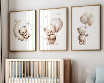 Teddy Bear Nursery Wall Art Set of 3, Gender Neutral Wall Art, Hot Air Balloon, Neutral Nursery Decor, Baby Shower Gift, Teddy Bear Poster