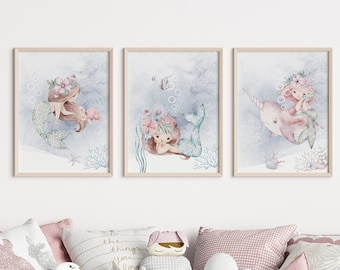 Mermaid nursery wall art set of 3, Baby Girl Nursery Wall Art, Girl Nursery Decor, Mermaid Girls Decor Nursery
