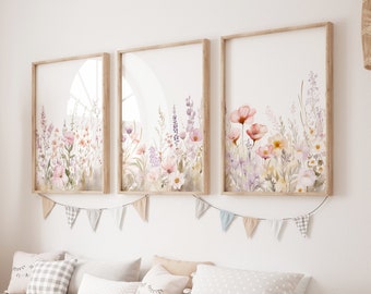 Juego de 3 impresiones de flores silvestres para pared de guardería, decoración de pared para guardería, decoración de guardería para niña