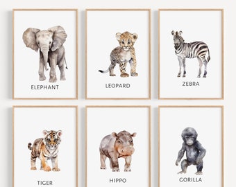 Set of 6 Safari Animal Nursery wall art prints, Gender Neutral prints, Nursery Decor, Kids room decor, Safari Watercolour Animal Prints