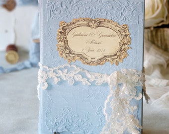 Libro de visitas de cuento de hadas, Libro de visitas de boda azul pálido, blanco y dorado, Álbum personalizado de fotomatón de boda, Libro de visitas en mal estado, Libro de visitas vintage