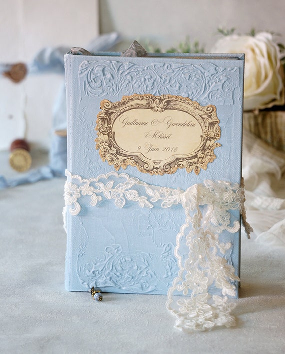 JC Classics Wedding Guest Book Set With Pen Holder - Purple Satin & Rhinestone Design