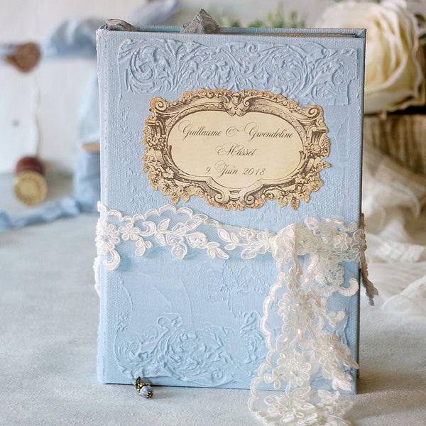 Fairytale guest book, Pale blue, white and gold Wedding Guest Book, Custom Wedding Photo Booth album, Shabby guest book, Vintage guest book