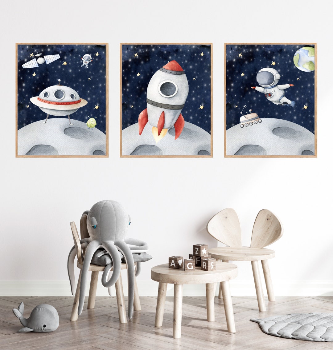 Space Nursery Wall Art Set of 3 Space Print Rocket and - Etsy