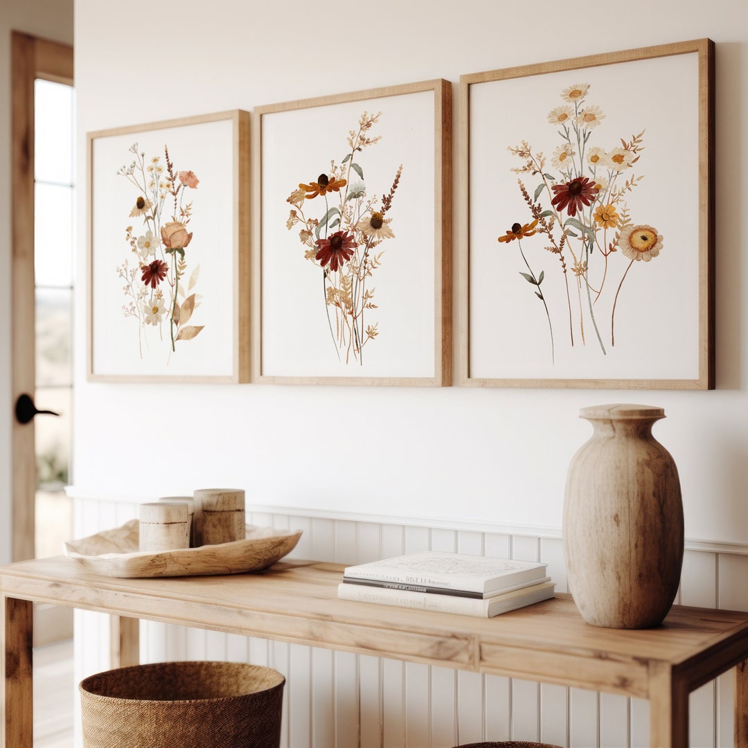 Boho Wildflower Wall Art Set of 3, Wildflower Prints, Botanical Wall ...