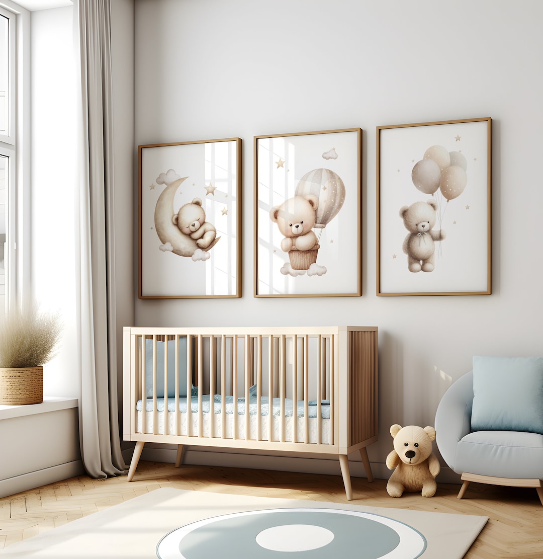 Teddy Bear Nursery Wall Art Set of 3, Gender Neutral Wall Art, Hot Air ...