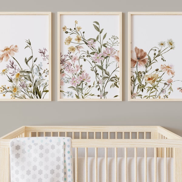 Wildflower Nursery Wall Art, Set of 3 Wildflower Nursery Print, Baby Girl Nursery print, Floral Wall Decor, Girl Nursery Decor