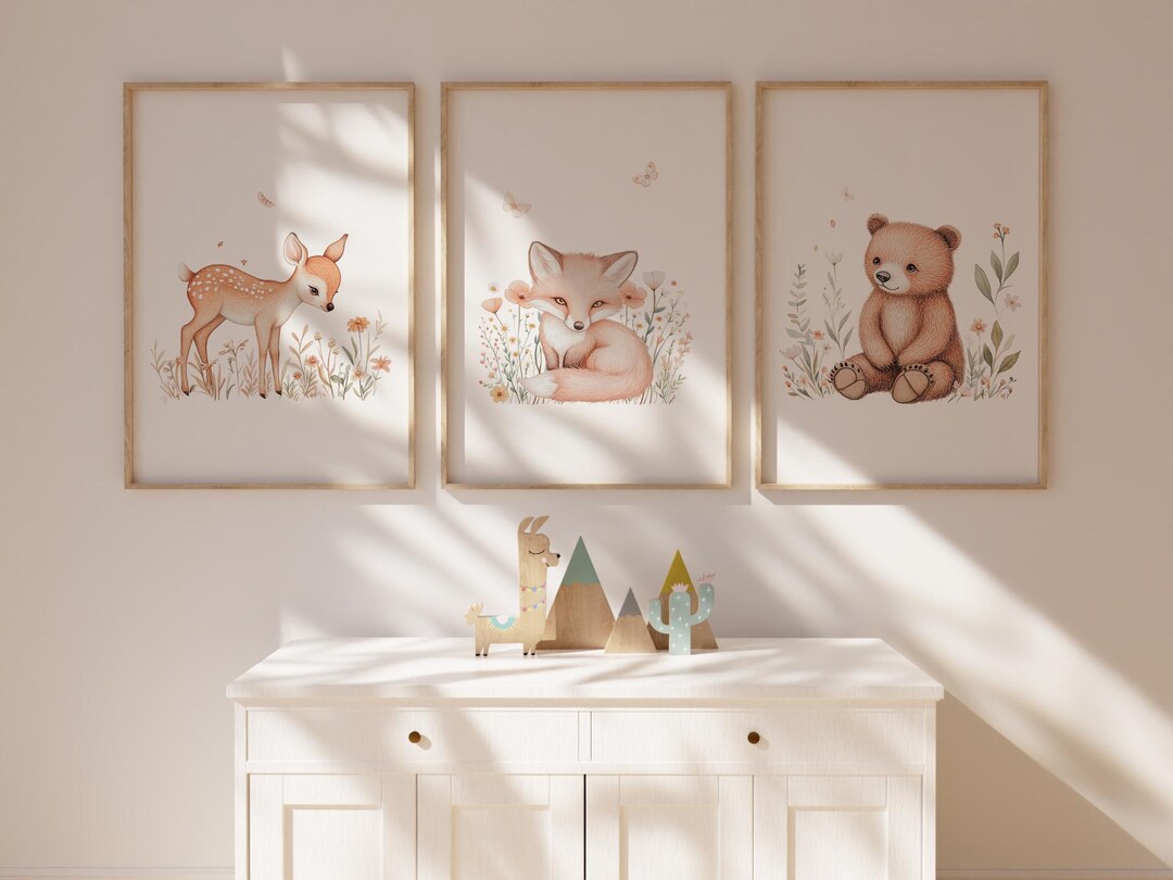 Woodland Nursery Wall Art Set of 3, Floral Nursery Art, Boho Baby Girl ...