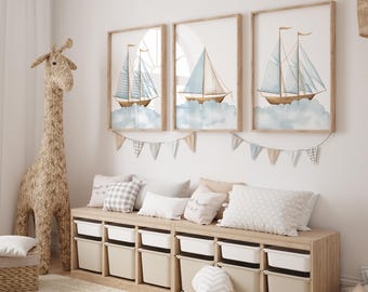 Nautical Nursery Wall Art Set of 3, Sailboat Print, Nautical Nursery Decor, Coastal Nursery Print, Boy Room Decor, Beach Decor, Sailboat