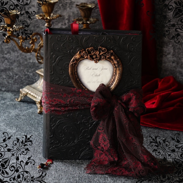 Gothic Wedding Guest Book , Black, Red, Burgundy and Gold guest book, Romantic Gothic Wedding guest book, Halloween Wedding Guest Book