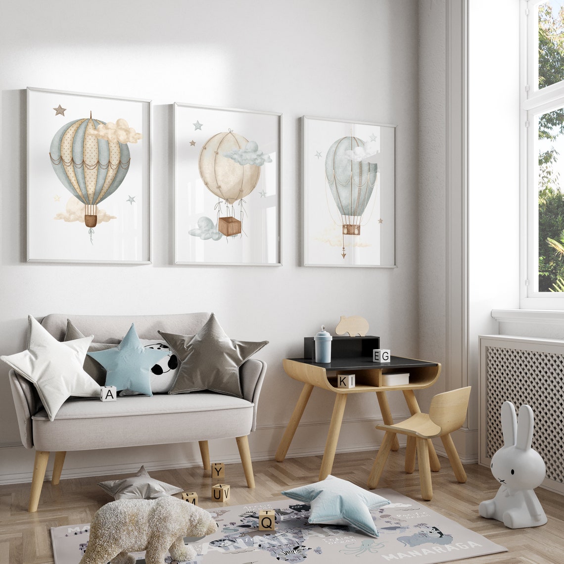 Hot Air Balloon Nursery Wall Art Set of 3, Hot Air Balloon Prints, Baby ...