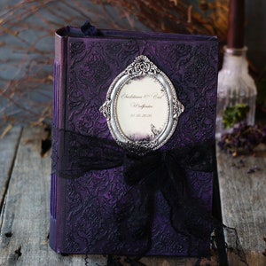 Purple Gothic Wedding Guest Book , Purple, Black, Silver Personalized guest book, Romantic Gothic Wedding guest book, Halloween Guest Book