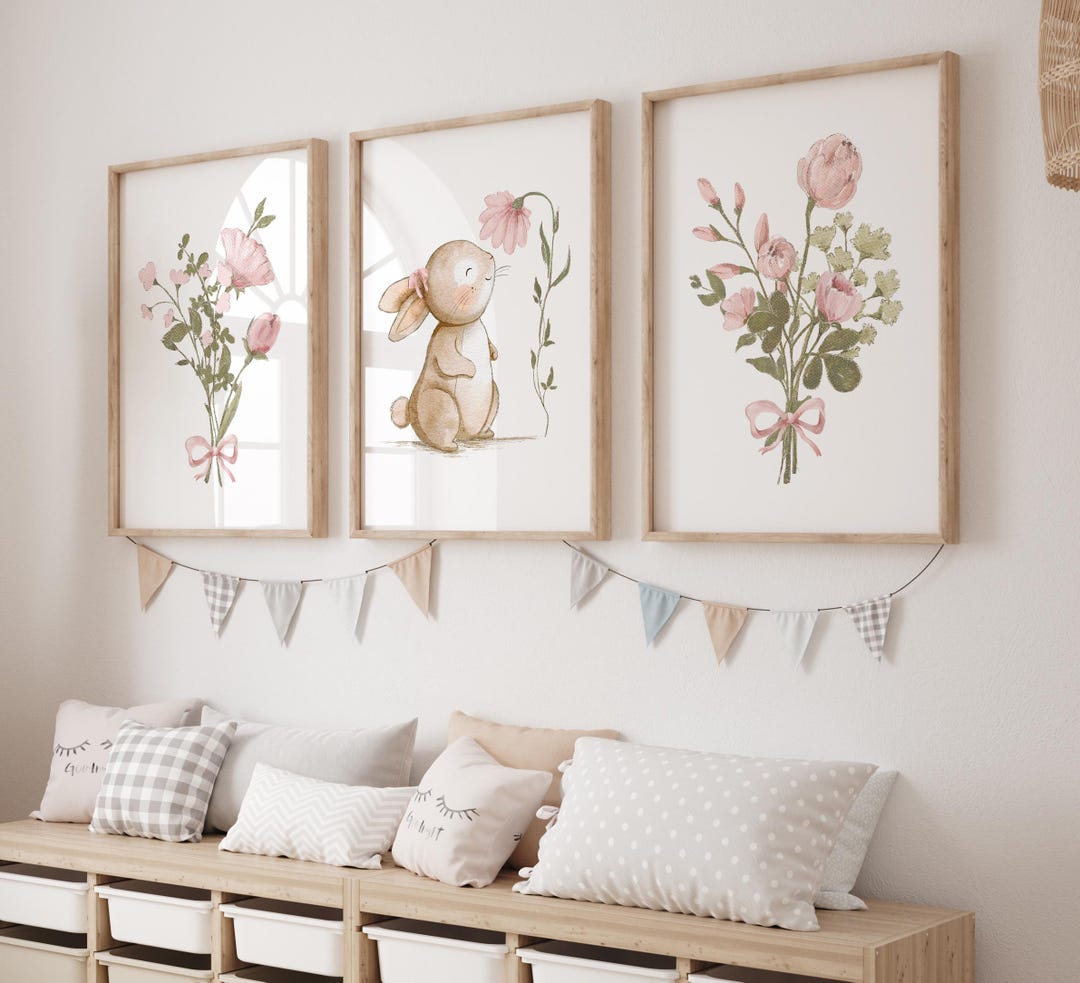 Bunny Nursery Wall Art Set of 3, Baby Girl Room Decor, Floral Bunny ...