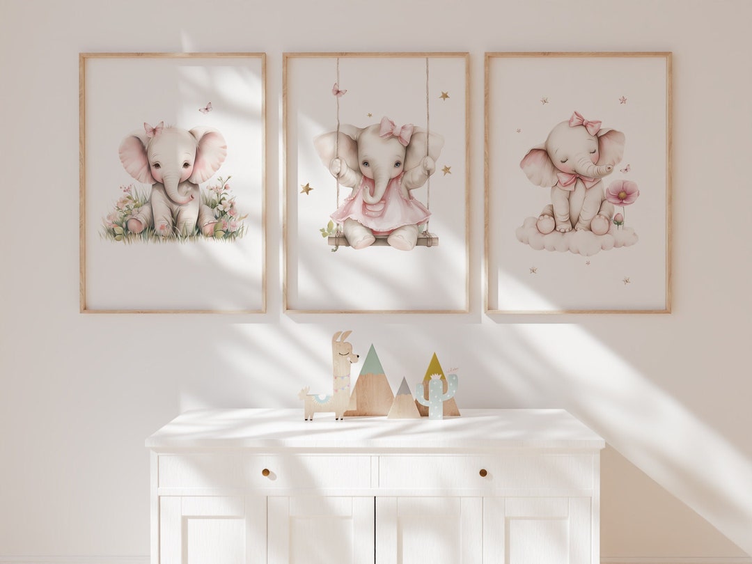 Elephant Nursery Wall Decor Set of 3, Baby Girl Room Decor, Cute ...