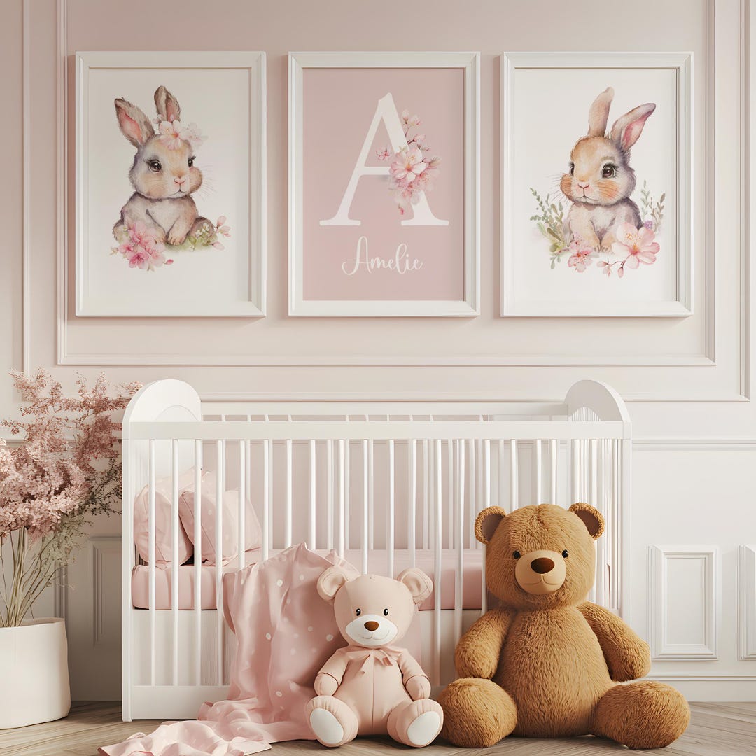Bunny Nursery Wall Art Set of 3, Baby Girl Room Decor, Floral Bunny
