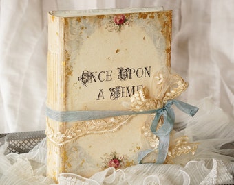 Fairytale wedding guest book, Shabby wedding guest book, Pale Blue, Ivory, Blush, Gold wedding guest book, Once Upon a Time Guestbook