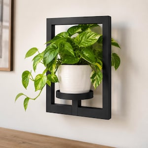 May include: A black rectangular wall-mounted frame holding a white cylindrical planter. A trailing green and yellow variegated pothos plant sits inside the white pot, with leaves extending over the edges of the black metal frame structure.