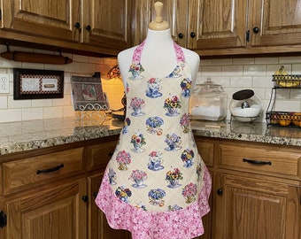 Teacups and flowers Womens Apron!  Pansy Chef Apron! Pink Roses Retro Apron!  Tea Party apron, Baking apron, Great Gift.