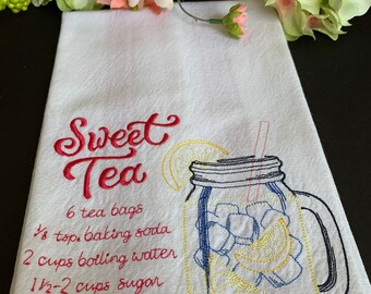 Sweet Tea ~ Embroidered Cotton Kitchen Towel, recipe kitchen towel, beautiful kitchen towel, unique gift