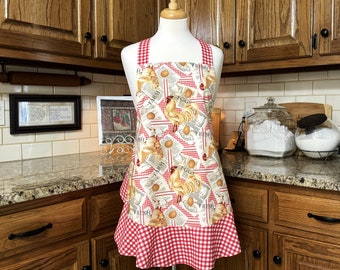 Cream with Red Checks trim.  Chickens and Roosters with eggs Apron.  The perfect farmhouse apron. Cute Chicken Apron.