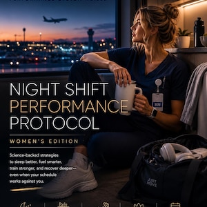 Może przedstawiać: Cyfrowa ulotka zatytułowana JUST MOVE PERFORMANCE SYSTEM NO.002 NIGHT SHIFT PERFORMANCE PROTOCOL WOMEN'S EDITION. Przedstawia osobę w ciemnoniebieskim stroju roboczym trzymającą biały kubek, czarną torbę sportową, białe buty sportowe oraz tekst informacyjny.