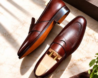 Men’s Brown Leather, Handmade Penny Loafers, Classic Dress Shoes, Slip On Formal Shoes, Business Wedding Shoes, Luxury Leather Footwear