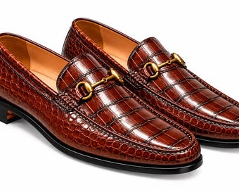 Mocasines de piel de cocodrilo marrón para hombre, zapatos de vestir con hebilla, zapatos de lujo sin cordones, calzado formal de negocios, zapatos elegantes para hombre.