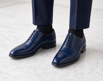 Men's Deep Blue Crocodile Embossed Leather Oxford Dress Shoes - Glossy Cap Toe Lace-Up Formal Shoes