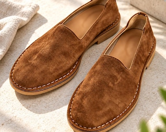 Brown, Suede Loafers, Slip On Shoes, Casual Leather Loafers, Comfortable Moc Toe Shoes, Handmade Style, Everyday Dress Shoes