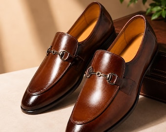 Handmade Brown Leather Formal Slip-On Loafers – Comfortable Office Shoes for Men