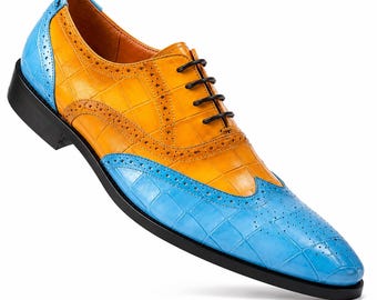 Handmade Two Tone Oxford Shoes for Men, Blue & Orange Brogue Dress Shoes, Colorful Leather Wingtip Shoes, Unique Statement Footwear