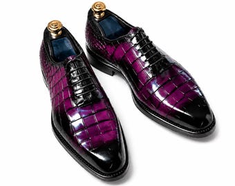 Handmade Men’s Crocodile-Textured Leather Oxford Shoes – Whole-Cut Lace-Up Formal Dress Shoes, Classic Luxury Footwear