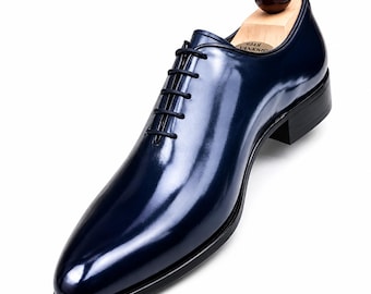 Men Handmade Genuine Calf Leather Blue Shoes Lace Up Whole-Cut Formal Dress Shoe