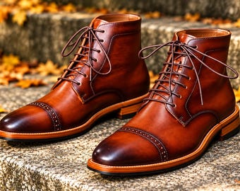 Men’s Brown Leather Ankle Boots, Cap Toe Brogue Boots, Cognac Lace Up Dress Boots, Classic Vintage Formal Shoes, Handmade Style Footwear