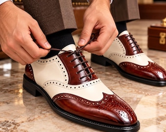 Men's Two Tone Leather Oxford Shoes, Brown Wingtip Brogues, Handmade Dress Shoes, Formal Wedding Shoes, Classic Business Footwear