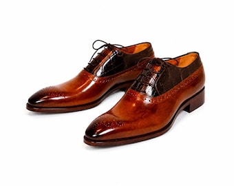 Men’s Cognac Brown Leather Oxford Dress Shoes | Handmade Style Brogue Formal Wedding & Business Shoes