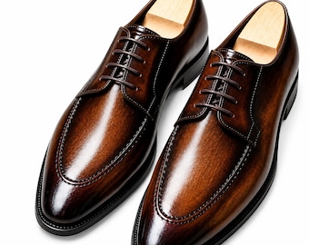 Men's Fashion Brown Patina Leather Lace Up Derby Dress Shoes