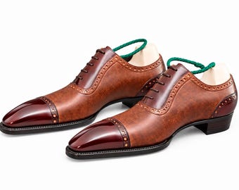 Men's Brown Leather Oxford Shoes, Wingtip Brogue Dress Shoes, Vintage Cap Toe Formal Wedding Shoes, Classic Business Footwear