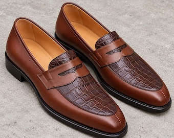 Men’s Brown Crocodile Embossed Leather Loafers, Luxury Penny Slip-On Dress Shoes, Handmade Formal Wedding & Business Footwear