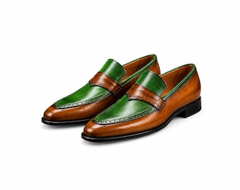 Men's Handmade Two-Tone Leather Dress Loafers – Brown & Green Formal Casual Shoes