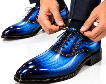 Men's Blue Patent Leather Dress Shoes, Luxury Lace Up Formal Shoes, Men's Wedding Shoes, Royal Blue Derby Shoes, Groom Gift, Party Shoes