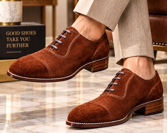 Men’s Brown Leather Oxford Shoes, Handmade Dress Shoes, Cap Toe Formal Shoes, Classic Business Shoes, Elegant Wedding Shoes, Gift for Him