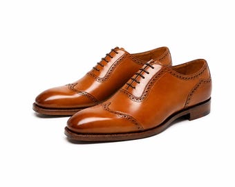 Men's Brown Leather Wingtip Oxfords – Handmade Brogue Lace-Up Formal Shoes