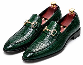 Handmade Men's Green Crocodile Texture Leather Shoes Loafer Slip-On Formal Dress