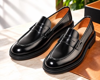 Black Patent Leather for Men, Chunky Platform Penny Loafers, Classic Slip On Dress Shoes, Stylish Formal Casual Shoes, Men’s Black Loafers