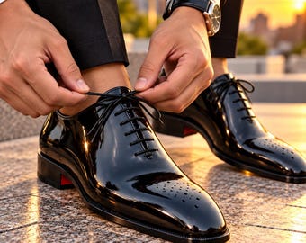 Black Patent Leather Oxford Shoes, Men’s Dress Shoes, Handmade Formal Wedding Shoes