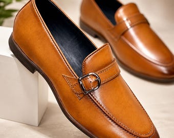Handmade Men Tan Leather Formal Buckle Slip On Loafers Business Shoes