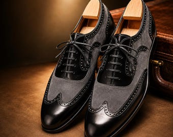 Handmade Two-Tone Leather Oxford Shoes, Gray Black Formal Footwear